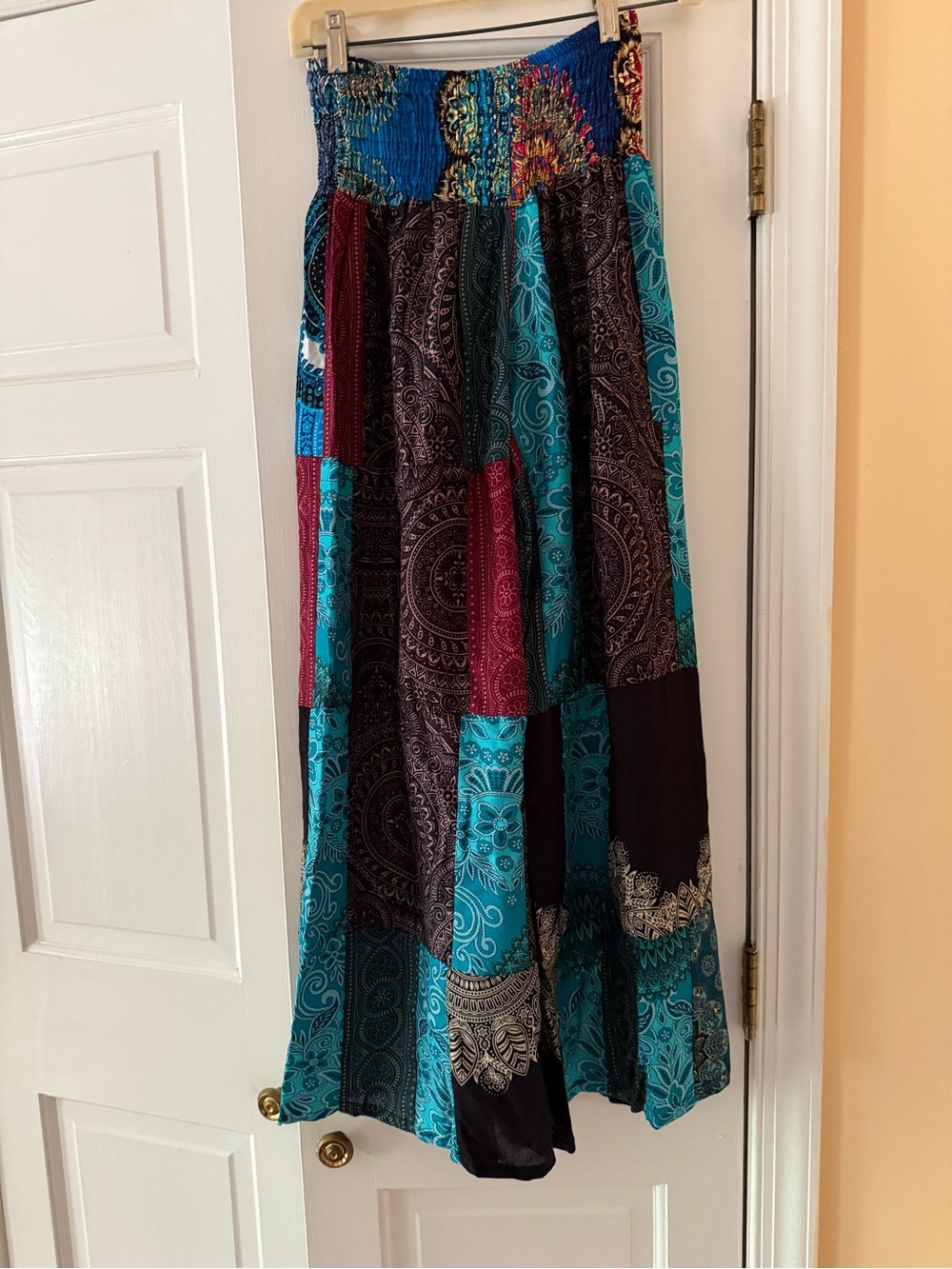 Boho Patchwork Maxi Skirt in Teal, Black & Burgundy